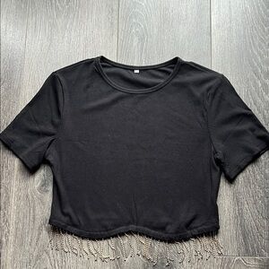 Black Cropped Fringe Tee - Women Tops